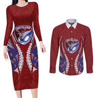 Southland 2026 Rugby Custom Couples Matching Long Sleeve Bodycon Dress and Long Sleeve Button Shirt NZ Maori Silver Fern LT14 Maroon - Polynesian Pride