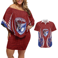 Southland 2026 Rugby Custom Couples Matching Off Shoulder Short Dress and Hawaiian Shirt NZ Maori Silver Fern LT14 Maroon - Polynesian Pride