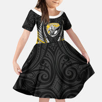 Taranaki 2026 Rugby Custom Family Matching Long Sleeve Bodycon Dress and Hawaiian Shirt NZ Maori Silver Fern LT14 Daughter's Dress Black - Polynesian Pride
