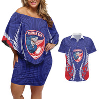 Tasman Bay 2026 Rugby Custom Couples Matching Off Shoulder Short Dress and Hawaiian Shirt NZ Maori Silver Fern LT14 Blue - Polynesian Pride