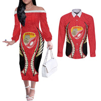 Waikato 2026 Rugby Custom Couples Matching Off The Shoulder Long Sleeve Dress and Long Sleeve Button Shirt NZ Maori Silver Fern LT14 Red - Polynesian Pride