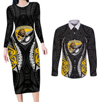Wellington 2026 Rugby Custom Couples Matching Long Sleeve Bodycon Dress and Long Sleeve Button Shirt NZ Maori Silver Fern LT14 Black - Polynesian Pride