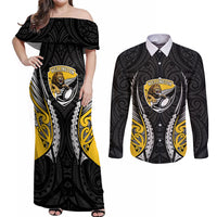 Wellington 2026 Rugby Custom Couples Matching Off Shoulder Maxi Dress and Long Sleeve Button Shirt NZ Maori Silver Fern LT14 Black - Polynesian Pride