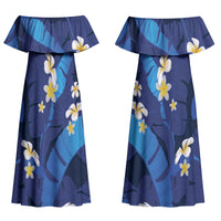 Teal Purple Banana Leaf Hawaii Couples Matching Off Shoulder Maxi Dress and Hawaiian Shirt Lau Maia Plumeria Tropical Summer Vibes