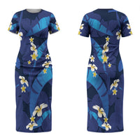 Teal Purple Banana Leaf Hawaii Couples Matching Short Sleeve Bodycon Dress and Hawaiian Shirt Lau Maia Plumeria Tropical Summer Vibes