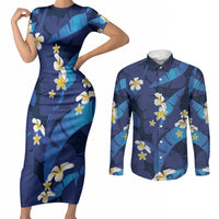 Teal Purple Banana Leaf Hawaii Couples Matching Short Sleeve Bodycon Dress and Long Sleeve Button Shirt Lau Maia Plumeria Tropical Summer Vibes