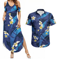 Teal Purple Banana Leaf Hawaii Couples Matching Summer Maxi Dress and Hawaiian Shirt Lau Maia Plumeria Tropical Summer Vibes