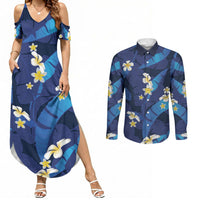 Teal Purple Banana Leaf Hawaii Couples Matching Summer Maxi Dress and Long Sleeve Button Shirt Lau Maia Plumeria Tropical Summer Vibes