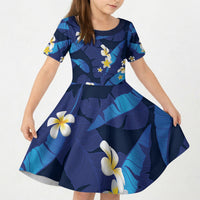 Teal Purple Banana Leaf Hawaii Kid Short Sleeve Dress Lau Maia Plumeria Tropical Summer Vibes