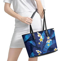 Teal Purple Banana Leaf Hawaii Leather Tote Bag Lau Maia Plumeria Tropical Summer Vibes