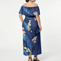 Teal Purple Banana Leaf Hawaii Off Shoulder Maxi Dress Lau Maia Plumeria Tropical Summer Vibes