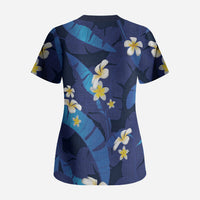 Teal Purple Banana Leaf Hawaii Scrub Top Lau Maia Plumeria Tropical Summer Vibes