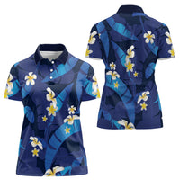 Teal Purple Banana Leaf Hawaii Women Polo Shirt Lau Maia Plumeria Tropical Summer Vibes