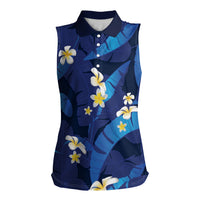Teal Purple Banana Leaf Hawaii Women Sleeveless Polo Shirt Lau Maia Plumeria Tropical Summer Vibes