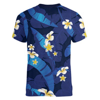 Teal Purple Banana Leaf Hawaii Women V-Neck T-Shirt Lau Maia Plumeria Tropical Summer Vibes