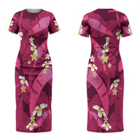 Pink Banana Leaf Hawaii Couples Matching Short Sleeve Bodycon Dress and Hawaiian Shirt Lau Maia Plumeria Tropical Summer Vibes