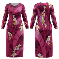 Pink Banana Leaf Hawaii Family Matching Long Sleeve Bodycon Dress and Hawaiian Shirt Lau Maia Plumeria Tropical Summer Vibes