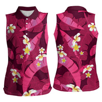 Pink Banana Leaf Hawaii Women Sleeveless Polo Shirt Lau Maia Plumeria Tropical Summer Vibes