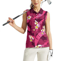 Pink Banana Leaf Hawaii Women Sleeveless Polo Shirt Lau Maia Plumeria Tropical Summer Vibes