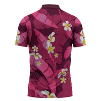 Pink Banana Leaf Hawaii Zipper Polo Shirt Lau Maia Plumeria Tropical Summer Vibes