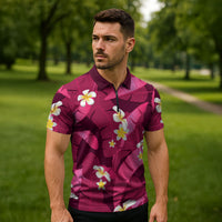 Pink Banana Leaf Hawaii Zipper Polo Shirt Lau Maia Plumeria Tropical Summer Vibes