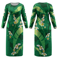 Green Banana Leaf Hawaii Couples Matching Long Sleeve Bodycon Dress and Hawaiian Shirt Lau Maia Plumeria Tropical Summer Vibes
