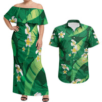Green Banana Leaf Hawaii Couples Matching Off Shoulder Maxi Dress and Hawaiian Shirt Lau Maia Plumeria Tropical Summer Vibes