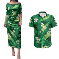 Green Banana Leaf Hawaii Couples Matching Puletasi and Hawaiian Shirt Lau Maia Plumeria Tropical Summer Vibes
