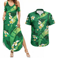 Green Banana Leaf Hawaii Couples Matching Summer Maxi Dress and Hawaiian Shirt Lau Maia Plumeria Tropical Summer Vibes