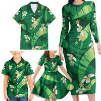 Green Banana Leaf Hawaii Family Matching Long Sleeve Bodycon Dress and Hawaiian Shirt Lau Maia Plumeria Tropical Summer Vibes