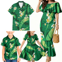 Green Banana Leaf Hawaii Family Matching Mermaid Dress and Hawaiian Shirt Lau Maia Plumeria Tropical Summer Vibes