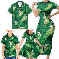 Green Banana Leaf Hawaii Family Matching Short Sleeve Bodycon Dress and Hawaiian Shirt Lau Maia Plumeria Tropical Summer Vibes