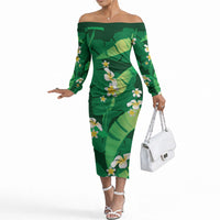 Green Banana Leaf Hawaii Off The Shoulder Long Sleeve Dress Lau Maia Plumeria Tropical Summer Vibes