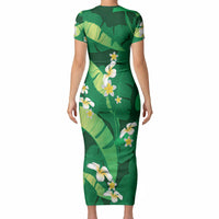 Green Banana Leaf Hawaii Short Sleeve Bodycon Dress Lau Maia Plumeria Tropical Summer Vibes
