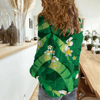 Green Banana Leaf Hawaii Women Casual Shirt Lau Maia Plumeria Tropical Summer Vibes