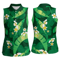 Green Banana Leaf Hawaii Women Sleeveless Polo Shirt Lau Maia Plumeria Tropical Summer Vibes