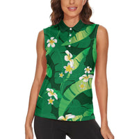 Green Banana Leaf Hawaii Women Sleeveless Polo Shirt Lau Maia Plumeria Tropical Summer Vibes