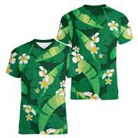 Green Banana Leaf Hawaii Women V-Neck T-Shirt Lau Maia Plumeria Tropical Summer Vibes