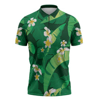 Green Banana Leaf Hawaii Zipper Polo Shirt Lau Maia Plumeria Tropical Summer Vibes