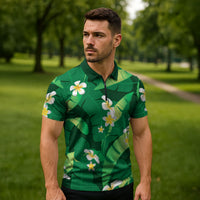 Green Banana Leaf Hawaii Zipper Polo Shirt Lau Maia Plumeria Tropical Summer Vibes
