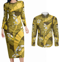 Yellow Banana Leaf Hawaii Couples Matching Long Sleeve Bodycon Dress and Long Sleeve Button Shirt Lau Maia Plumeria Tropical Summer Vibes