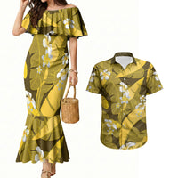 Yellow Banana Leaf Hawaii Couples Matching Mermaid Dress and Hawaiian Shirt Lau Maia Plumeria Tropical Summer Vibes