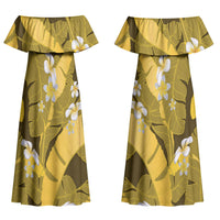 Yellow Banana Leaf Hawaii Couples Matching Off Shoulder Maxi Dress and Long Sleeve Button Shirt Lau Maia Plumeria Tropical Summer Vibes