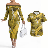Yellow Banana Leaf Hawaii Couples Matching Off The Shoulder Long Sleeve Dress and Hawaiian Shirt Lau Maia Plumeria Tropical Summer Vibes