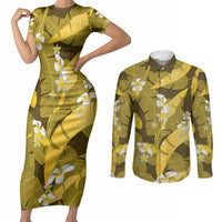 Yellow Banana Leaf Hawaii Couples Matching Short Sleeve Bodycon Dress and Long Sleeve Button Shirt Lau Maia Plumeria Tropical Summer Vibes