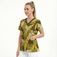 Yellow Banana Leaf Hawaii Scrub Top Lau Maia Plumeria Tropical Summer Vibes