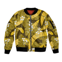 Yellow Banana Leaf Hawaii Sleeve Zip Bomber Jacket Lau Maia Plumeria Tropical Summer Vibes