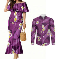 Purple Banana Leaf Hawaii Couples Matching Mermaid Dress and Long Sleeve Button Shirt Lau Maia Plumeria Tropical Summer Vibes