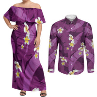 Purple Banana Leaf Hawaii Couples Matching Off Shoulder Maxi Dress and Long Sleeve Button Shirt Lau Maia Plumeria Tropical Summer Vibes