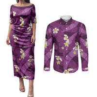 Purple Banana Leaf Hawaii Couples Matching Puletasi and Long Sleeve Button Shirt Lau Maia Plumeria Tropical Summer Vibes